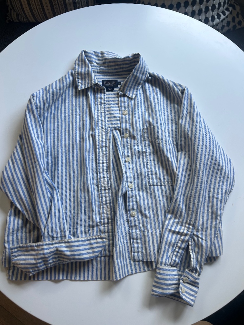 Pendelton striped cropped long-sleeve button down- blue and white Size M